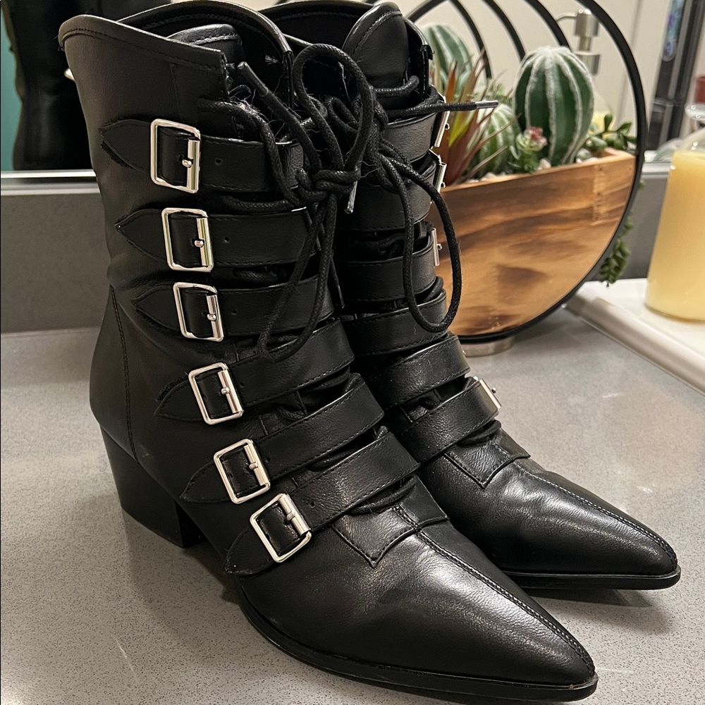 Black Leatherette Buckle Coven Boots
